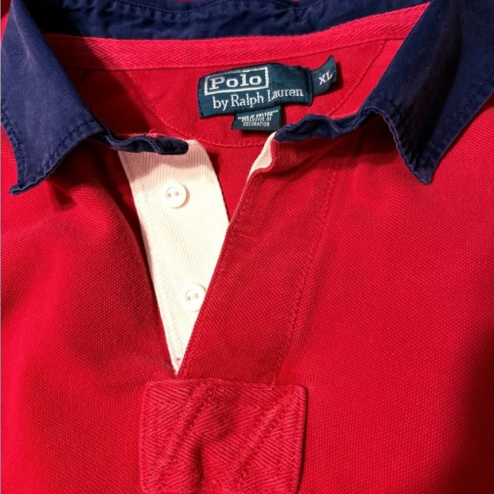 Vintage Polo Ralph‎ Lauren Rugby Red Shirt with Navy Accents Big Pony #3 Sleeve